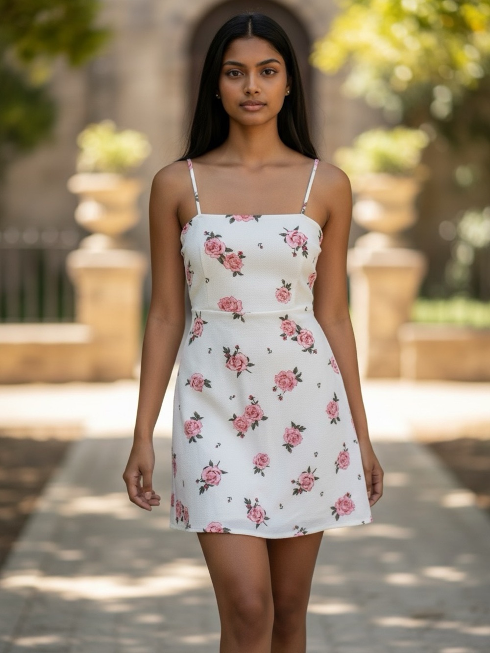 H&M White Mini Dress with Pink Rose Print and Spaghetti Straps
